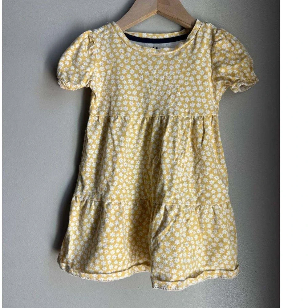Gap Butter Yellow Daisy Print Tiered Puff Sleeve Dress 3T Cottagecore Scandi
